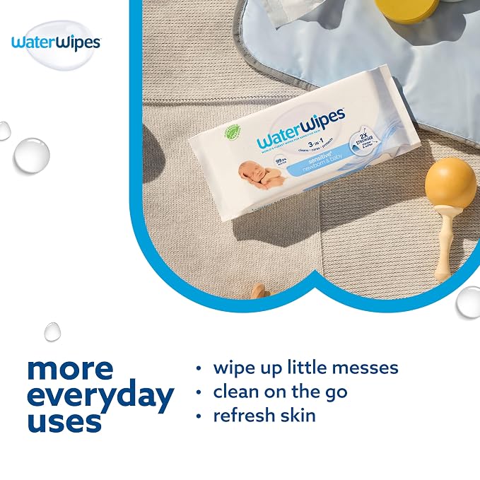 WaterWipes Sensitive+ Newborn & Baby Wipes, 3-In-1 Cleans, Cares, Protects, 99.9% Water, Unscented & Hypoallergenic, 900 Count (15 Packs)