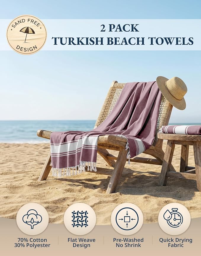 LANE LINEN Turkish Beach Towels, Super Absorbent, Quick Dry - Wistful Mauve | 2 Pack Extra Large Beach Towel - Pre-Washed for Soft Feel - Oversized Sand Free Quick-Dry Pool Towel - 39"x71", Everyday Use