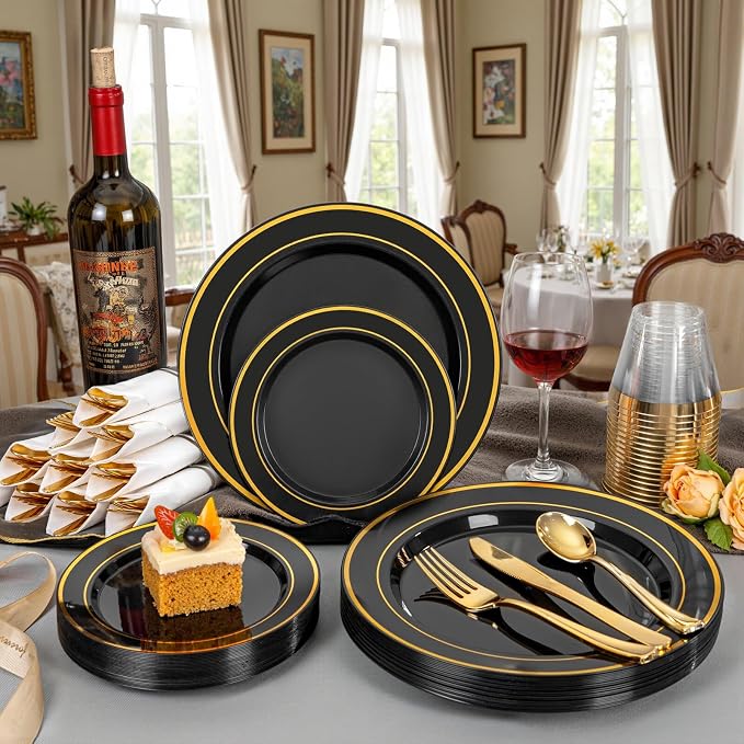 WDF Partyware 175PCS Black and Gold Plates - Black Disposable Plates for Party - 25Guests Disposable Dinnerware Set for Wedding/Party/Birthday/Halloween