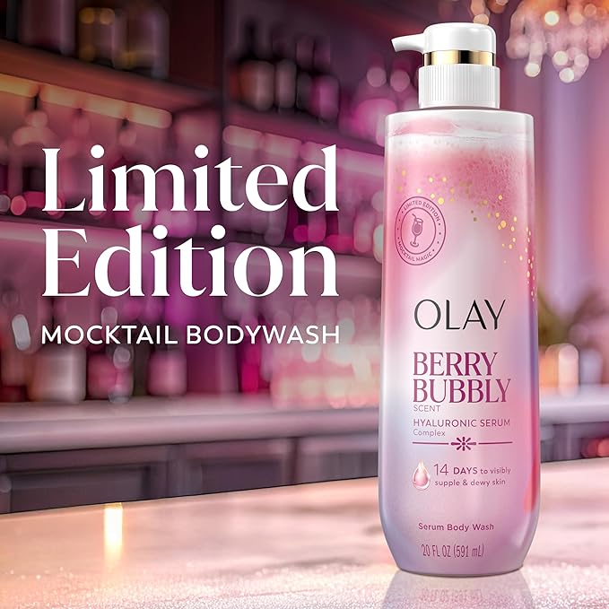Olay Body Wash for Women, Intensely Hydrating, Pro-Hyaluronic Acid Serum Complex, Renews Moisture, Vitamin B3 Lameller Technology, For All Skin Types, Berry Bubbly Scent, 20 fl oz