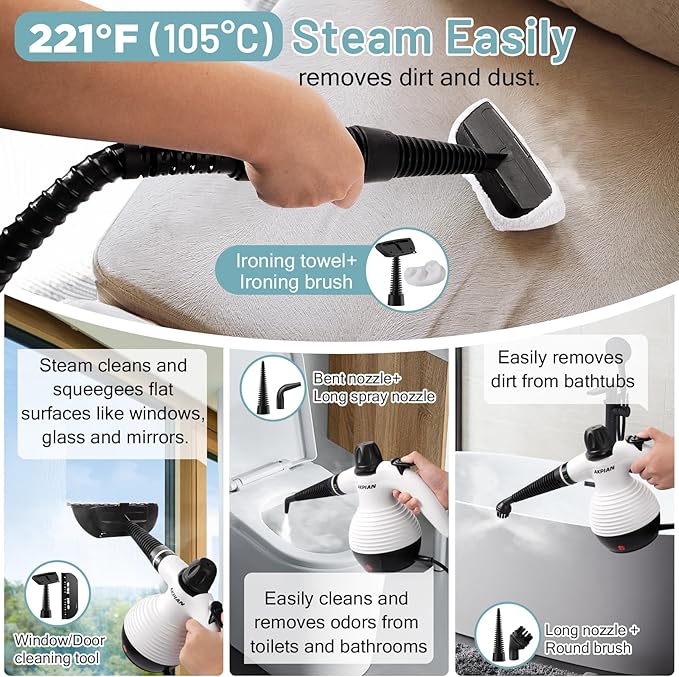 Handheld Steam Cleaner,Multi-Purpose with 10-Piece Accessory Set, for Stovetops, Ovens, Countertops, Sinks, Windows – Removes Dirt, Grease & Stubborn Stains