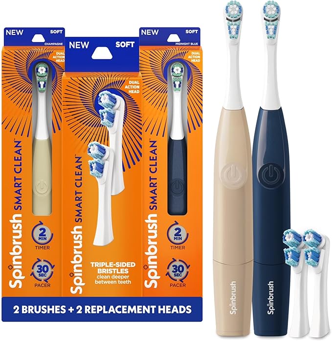 Spinbrush Smart Clean Electric Toothbrush for Adults – Value Pack 2 Brushes + 2 Replacement Heads, Battery Powered, Removes Plaque, Reduces Stains 50%, 2-Min Auto Shutoff, Soft Bristles
