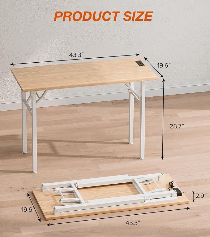 XBurmo Small Folding Desk Folding Table, No Assembly Foldable Desk Gaming Desk, 43.3-Inch Computer Table Workstation with 2 AC Outlets and 2 USB Ports for Bedroom and Home Office, Light Maple