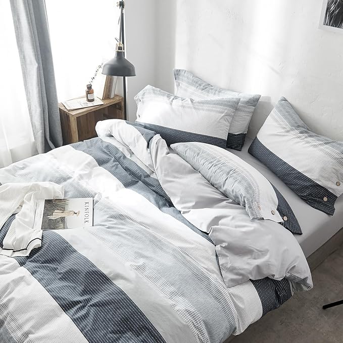 mixinni Geometric Striped Duvet Cover Set - 100% Natural Cotton, Grey & White Stripes, Queen Size, 3-Piece Bedding Set with Zipper Closure