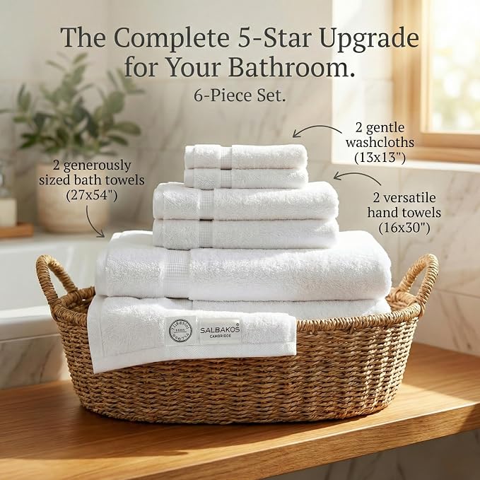 SALBAKOS 100% Turkish Cotton Bathroom Towel Set of 6-Piece, White | 630 Gsm Thick Super Soft Highly Absorbent 2 Bath + 2 Hand + 2 Washcloth Towels Sets, Giftable, Hotel Quality, Made in Turkey