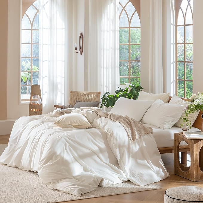 MooMee Bedding Duvet Cover Set 100% Washed Cotton Linen Like Textured Breathable Durable Soft Comfy (Solid Off White, Queen 90"x90") | Relaxed Linen-like Texture. Soft, Breathable & Long-lasting Comfort. Lightweight. Hidden Zipper with 8 Interior Corne...