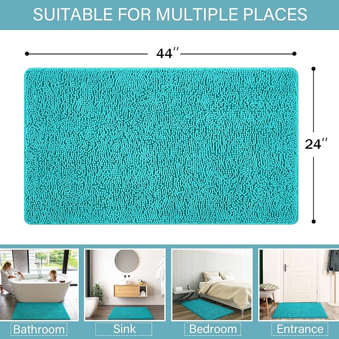 LOCHAS Luxury Bathroom Rug Shaggy Bath Mat 24 x 44 Inch, Teal Blue | Washable Non Slip Bath Rugs for Bathroom Shower, Soft Plush Chenille Absorbent Carpets