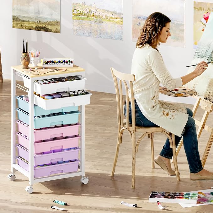 SYKIARIOL Rolling Storage Cart with Drawers,Utility Cart With 8 Drawers and Wooden Tabletop,Rolling Drawer Cart,Storage Drawer Cart for Living Room,Classroom,Bedroom,Bathroom,Dorm,Office, Ice Cream