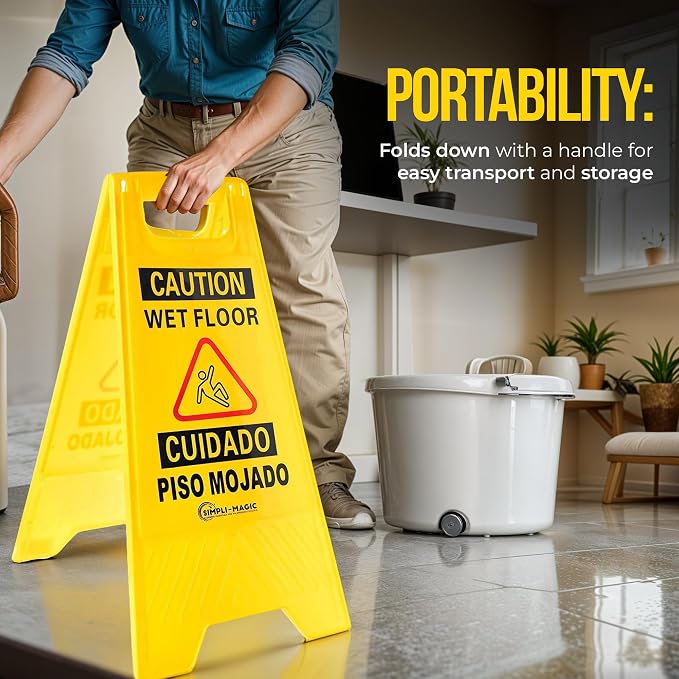 Simpli-Magic 24" Height Wet Floor Caution Signs, 6 Pack – Double-Sided, Bilingual & Foldable Safety Warning Sign – Commercial Grade, Yellow, Plastic