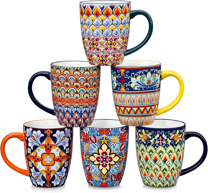 vancasso SIMI 16 oz Large Coffee Mugs Set of 6 – Bohemian Ceramic Cups with Handle, Perfect for Latte, Tea, Hot Chocolate, Dishwasher & Microwave Safe Ideal Gift