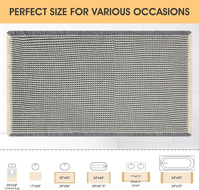 IM HOME Waffle Bath Mat Grey & Beige 36"x24", Boho Woven Modern Bath Mat Rugs, Absorbent Non Slip Bathroom Rugs, Soft Washable Bath Rugs with Tassels for Bedroom, Kitchen, Shower, Tub