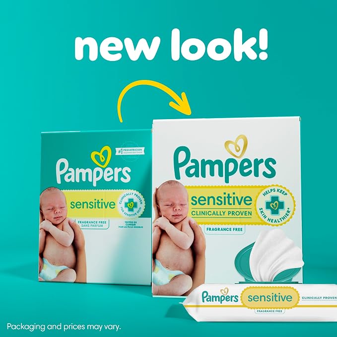 Pampers Sensitive Baby Wipes, Water Based Baby Wipes, Fragrance Free and Hypoallergenic, 192 Wipes Total (3X Refill Packs) [Packaging May Vary]
