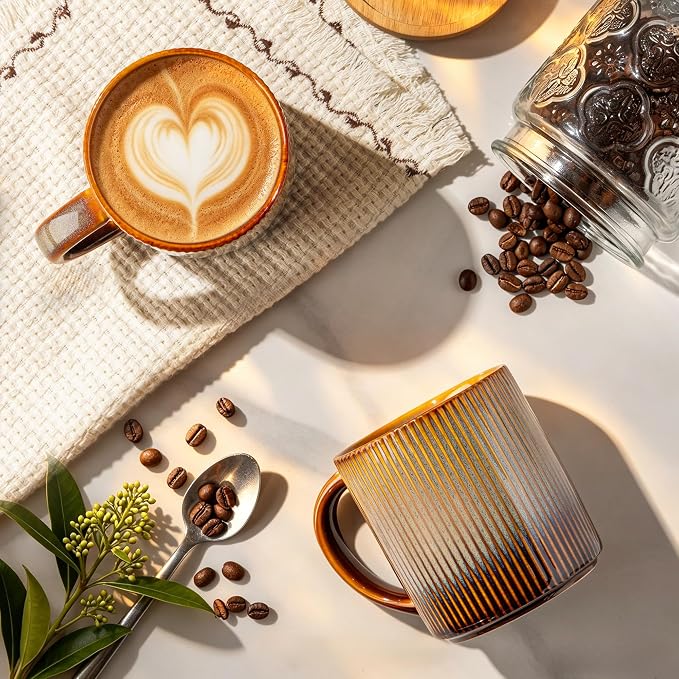 theterra Ceramic Coffee Mugs Set of 6, 14.2oz Handmade Coffee Cups with Handle for Latte, Tea, Milk, Beer, Hot Cocoa, Creamy Amber
