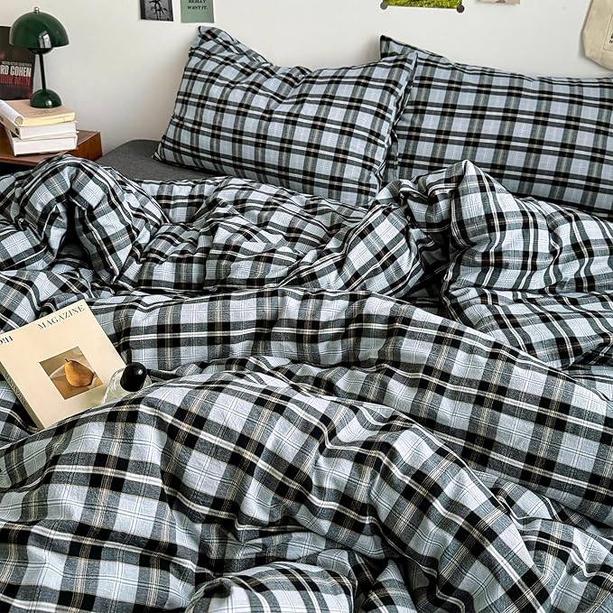 mixinni Vintage Grey & Pale Blue Buffalo Plaid Duvet Cover Set King Size - 3 Piece Washed Cotton Bedding Set with Grid Pattern, Soft & Breathable Duvet Cover with Pillowcases for Boys, Men& Women