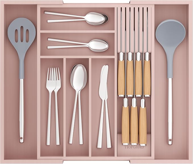 TIOPGHAD Bamboo-Silverware-Drawer-Organizer-Kitchen, Expandable Utensil Holder Cutlery Tray Flatware Organization Adjustable Wood Tableware Dividers Storage (with Removable Knife Block)(Grey Pink)
