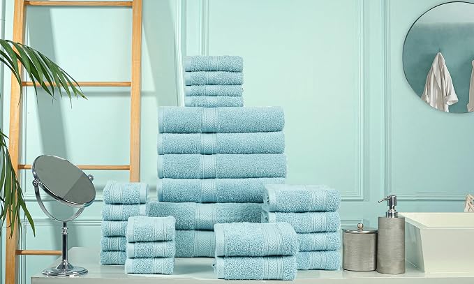 HILLFAIR 24 Piece Bath Towels Set for Bathroom- 100% Cotton 24 PC Bulk Pack Hotel Spa Towel Set- 2 XXL Oversized Big Towels, 4 Bath Towels, 6 Hand Towels, 4 Fingertip Towels, 8 Washcloths: Ocean Blue