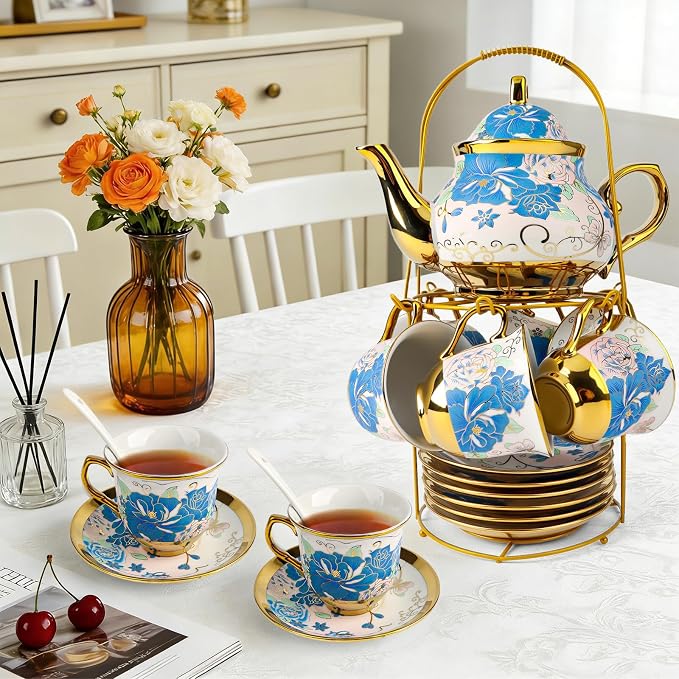 ALIMOTA 20 Pcs Porcelain Tea Set with Metal Holder and Spoon, European Ceramic Tea Set for Adults, European Flower Painting Teapot Cup Saucer Spoon Set for 6, Gift Pack (Blue and Pink)