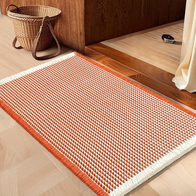 IM HOME Waffle Bath Mat Orange & Cream 32"x20", Boho Woven Modern Bath Mat Rugs, Absorbent Non Slip Bathroom Rugs, Soft Washable Bath Rugs with Tassels for Bathroom, Bedroom, Kitchen, Shower, Tub