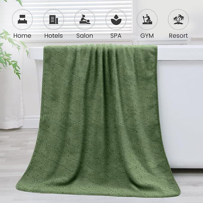 JML Pack of 4 Large Bath Towels, 30"x60", Olive-Green | Hanging Loop, Super Soft, Absorbent, Lint Free, Fade Resistant, Lightweight, Quick Dry, Use for SPA , Sauna, Salon Hair Wrap