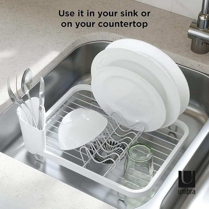 Umbra Sinkin Dish Drying Rack, in Sink or Countertop Drainer, White/Nickel | Removable utensil holder, non slip rubber feet, fits standard sizes, coated wire and plastic