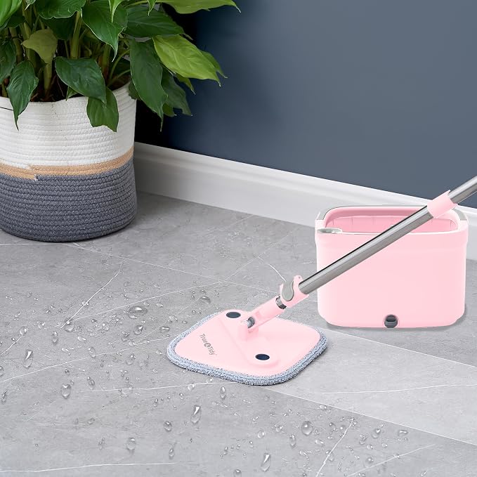 Square Spin Mop & Bucket System, 2pc Machine Washable Pads, Pink