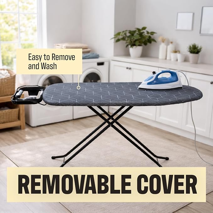 Ironing Board with Iron Rest – 45 x 13 Inch Full Size Foldable Board – Adjustable Height Steel Mesh Surface – Gray Padded Cotton Cover