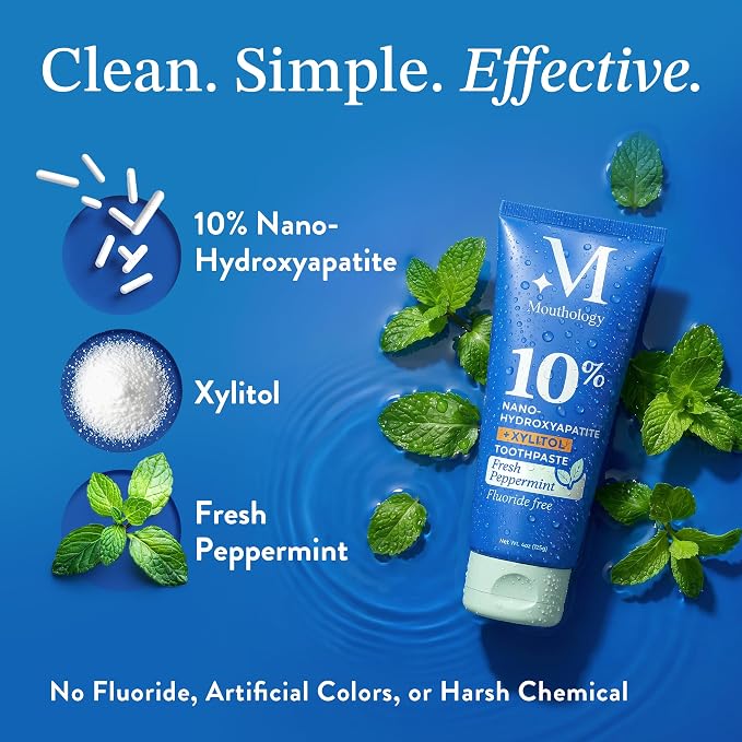 Mouthology 10% Nano Hydroxyapatite Toothpaste (3pk, Fluoride Free), Whitening*, Supports Enamel Care*, Appropriate for Sensitive Teeth*, SLS Free, Xylitol nHA Toothpaste Adults, Mint 4oz (USA Made)