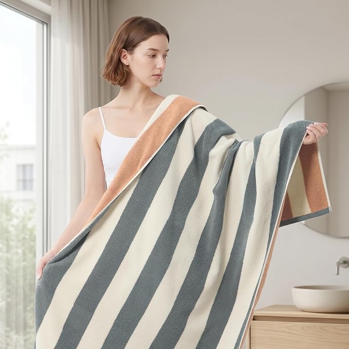 REDKISS 2 Pack Extra Large Striped Bath Towels, 31 x 63 Inches, 100% Cotton, Larger & Quicker to Dry, Super Soft and Highly Absorbent Towel, Perfect for Bathroom, Grey