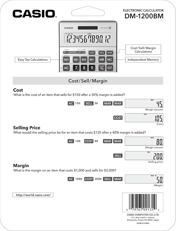 Casio DM-1200BM – Business Desktop Calculator with Cost/Sell/Margin & Tax Keys | Extra-Large 12-Digit Display, Kickstand | Ideal for Office & Finance Use, Silver