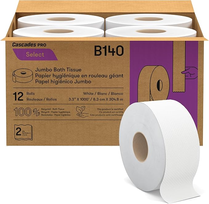 Cascades PRO Select Jumbo Roll Premium Bath Tissue 2-Ply - Suitable for universal dispensers -Toilet Paper is Septic Tank Safe, Certified, Recycled - 1000' length/Roll, 12 Rolls/Box - B140 - White