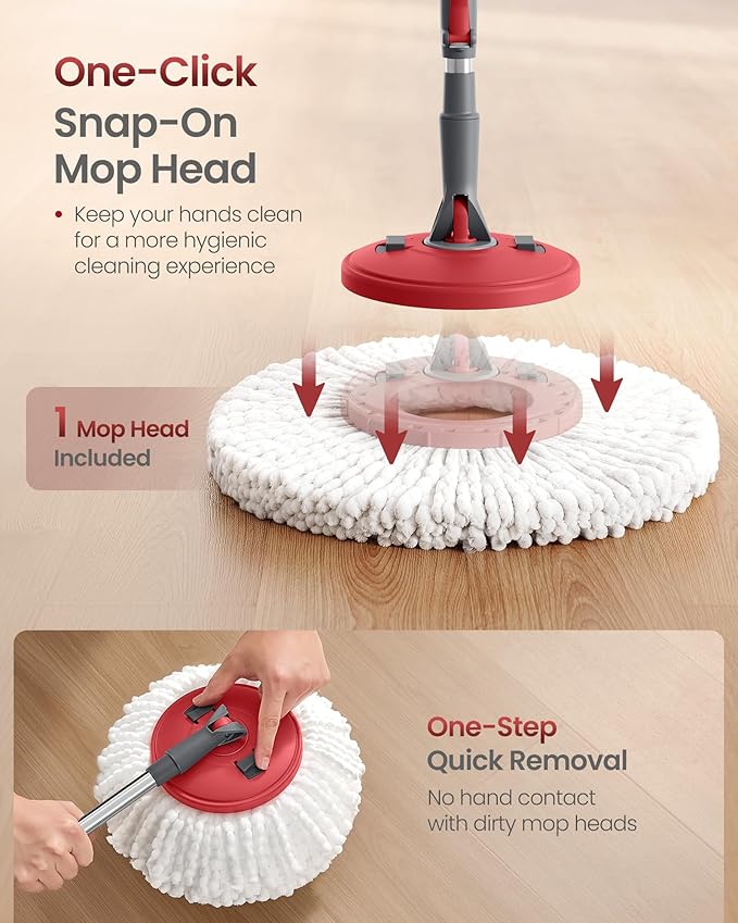 SONGMICS Spin Mop and Bucket Set with Pedal Wringer, Floor Cleaning Mop, Adjustable Telescopic Handle, Max. 59.1-Inch Length, 360° Rotating Head, 3 Microfiber Pads, Gray and Red ULMB002GT03