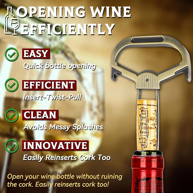 Ah So Wine Opener for Vintage Bottles, Old Wine Corkscrew with Portable Leather Case, Two Prong Cork Puller, for Wine Connoisseurs & Collectors to Uncork, Ideal Gifts for Wine Lovers (Sleek Bronze)
