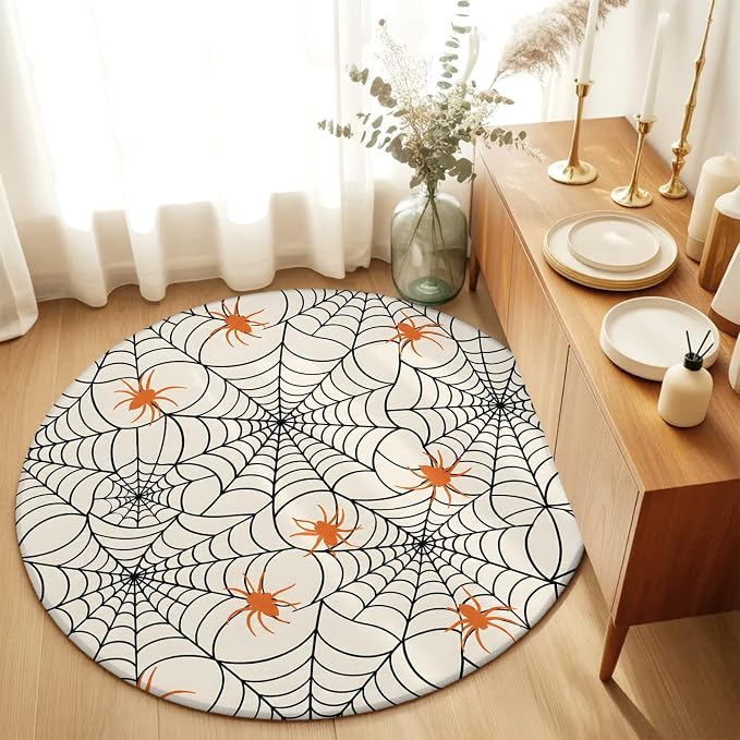 Round Area Rug 5', Halloween Washable Area Rugs for Living Room Kitchen Bedroom Nursery Dining Room, Orange Black Net Classic Spiders Gingham Non Slip Door Mat Indoor Floor Throw Circle Carpet