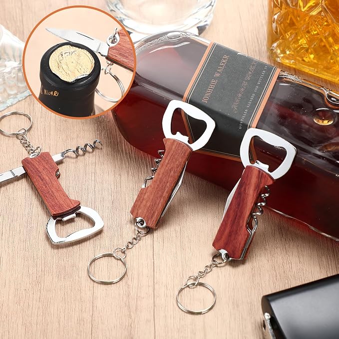 Ziliny 24 Pcs Bottle Opener Keychain Bulk Wine Bottle Beer Opener Keychain 3.27" Stainless Steel Corkscrew Waiter Corkscrew Wine Keyring Gifts for Christmas Bar Party Wedding Home (Redwood Color)