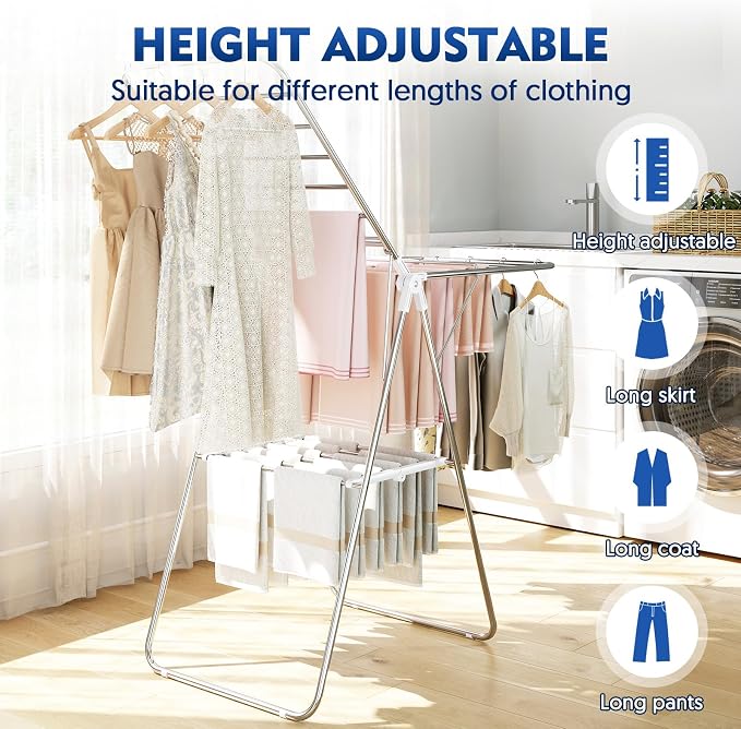 APEXCHASER Clothes Drying Rack, Stainless Steel Drying Rack Clothing with Height-Adjustable, Foldable Gullwings Laundry Drying Rack, Indoor Outdoor Use, No Assembly, White