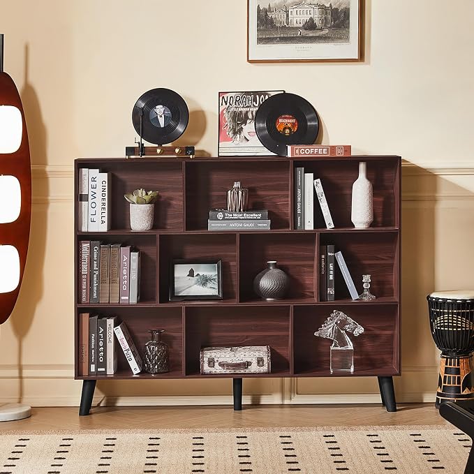 LEYAOYAO 10 Cube Bookshelf, Mid-Century Modern Book Shelf with Legs, Walnut | 3 Tier Bookcase, 55" Wide Rustic Wood Bookshelves Large Storage Organizer, Open Shelves for Bedroom, Living Room, Office