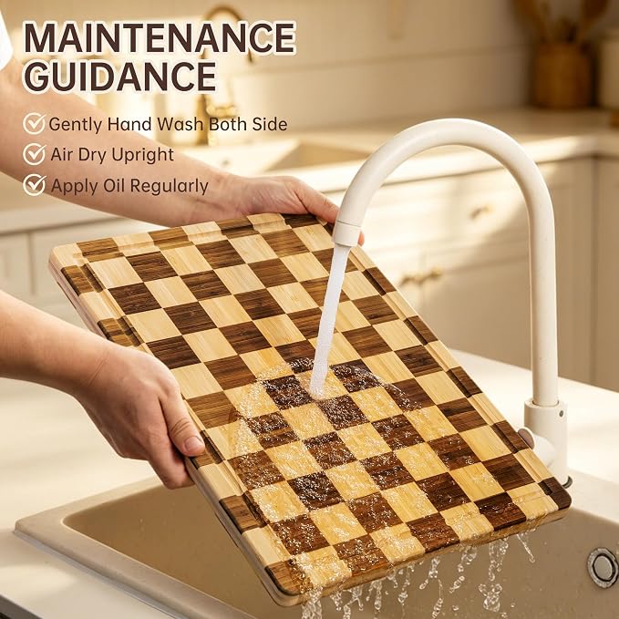 Checkered Cutting Board for Kitchen, Bamboo Wooden Cutting Board | Serving Tray with Juice Groove, Non Slip, Non-Toxic, Thick Large Chopping Board Gift , 16.5” x 11.6” x 0.8”