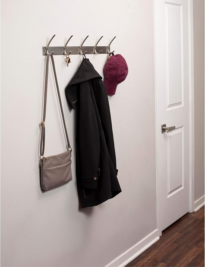 BIRDROCK HOME Premium 5-Hook Stainless Steel Coat and Hat Rack for Wall - Set of 2 - Front Door Organizer - Mounted Hanger for Jackets, Clothes, Hats, Towel - Silver Dual Hooks - Brushed Nickel Finish