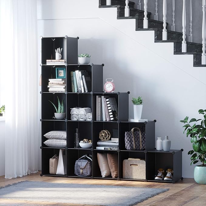 C&AHOME 16 Cube Storage Organizer Cube Shelves Units Storage Cubes, Black | Plastic DIY Closet Organizer, Stackble Modular Closet Storage Shelves Ideal for Home, Bedroom, 48.4" L × 12.4" W × 48.4" H