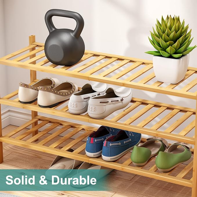 viewcare 3-Tier Long Shoe Rack, Bamboo Wood Shoe Rack for Closet, Entryway & Hallway, Stackable | Beautiful | Functional | Sturdy