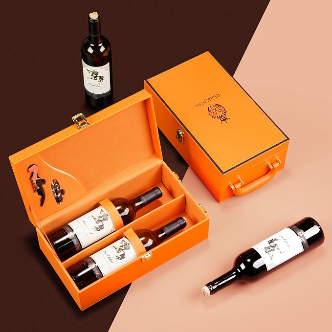 Wine Box with 2 Bottle Leatherette Top Handle Premium Wine Carrier Case Orange