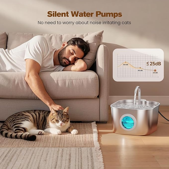 Cat Water Fountain with 8 Filters + 5 Sponges,Small Pet Waterer Dispenser Fountains for Drinking Cats Indoor Metal Automatic Waterer Bowl 24/7 Running Auto Kitty Watering Supplies Quiet Pump