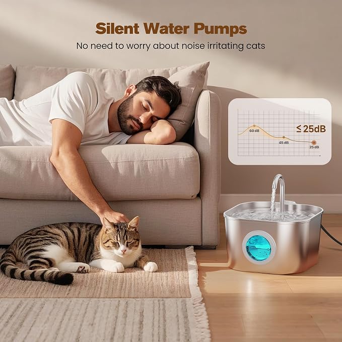 Cat Water Fountain Stainless Steel: Pet Fountains with 10 Filters + 10 Sponges 2.2L Cats Automatic Waterer Bowls for Drinking Small Dog Water Dispenser Indoor HOOISE Metal Kitty Watering Silent