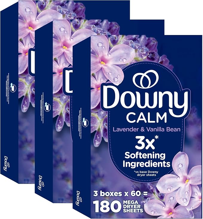 Downy Calm Mega Dryer Sheets, Large Fabric Softener Sheets for Laundry , Static Guard & Softness Boost, Laundry Dryer and Fabric Sheets, 180 Count