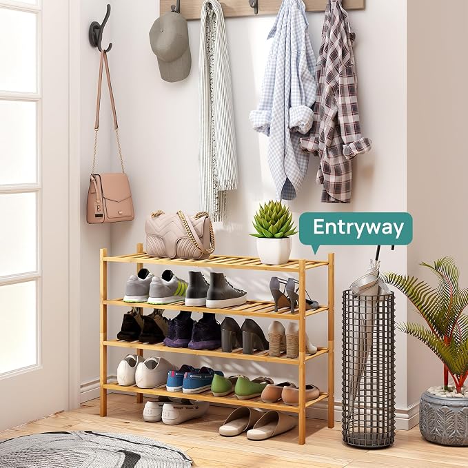 viewcare Shoe Rack, 4-Tier Long Shoe Rack for Entryway, Bamboo Wood Shoe Shelf for Closet & Hallway, Long 33IN | Beautiful | Functional | Sturdy | Durable