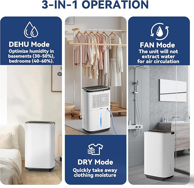 3000 Sq.Ft Dehumidifier for Basement with Drain Hose, 30 Pint Large Best Compressor Dehumidifiers for Home or Garage, Smart Humidity Control, 24H Timer & Child Lock, Ideal for Large Rooms, Garage