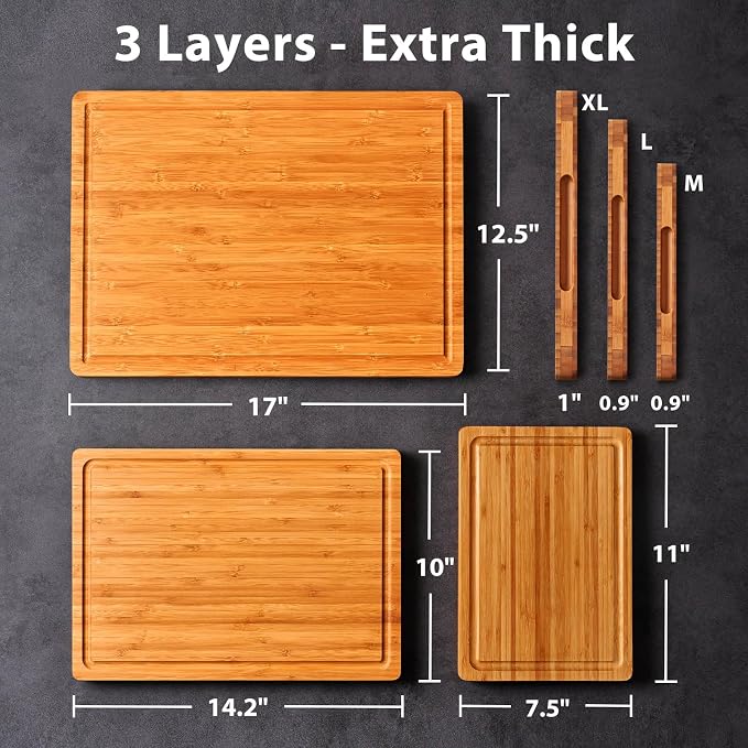 Allsum Carbonized Bamboo Wood Cutting Boards for Kitchen, 1” Thick Wooden Butcher with Juice Grooves and Handles, Cute Cheese Charcuterie Boards as a Gift for Chef, Family, 3 Pack