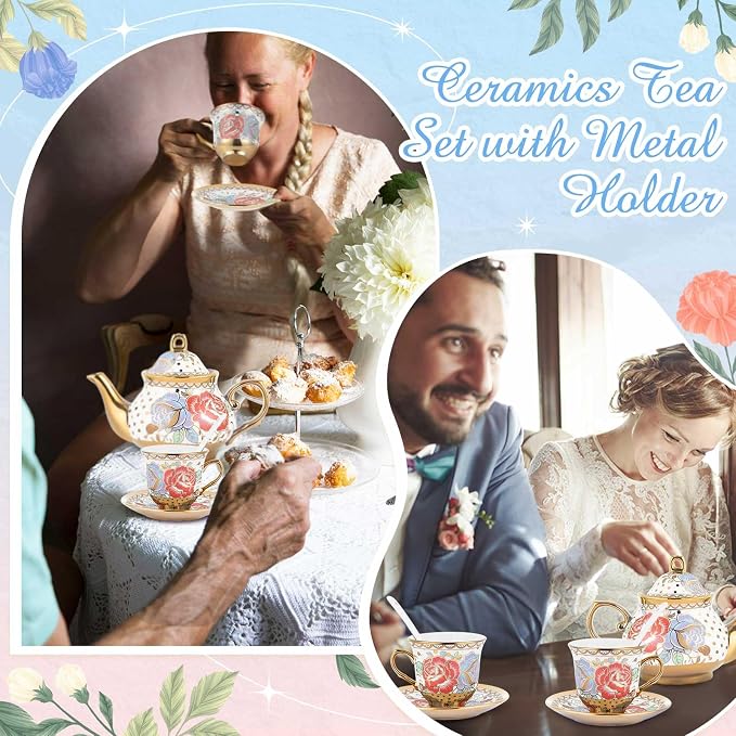 Zhehao 20 Pcs Porcelain Tea Set with Metal Holder and Spoon Adult Ceramic Tea Set European Flower Painting Teapot Cup Saucer Spoon for Women Mom Gift, Large Version (Romantic Style)