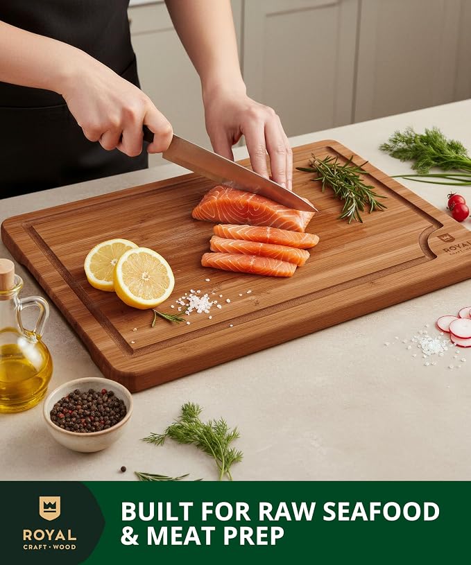 ROYAL CRAFT WOOD Wooden Cutting Boards for Kitchen Meal Prep & Serving - Bamboo Wood Serving Board Set with Deep Juice Groove Side Handles - Charcuterie & Chopping Butcher Block for Meat