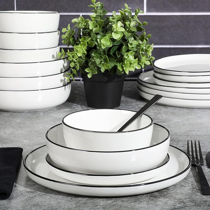 Gibson Home Oslo 16-Piece Porcelain Dinnerware Set, Service for 4 – White Plates with Black Rim, Microwave & Dishwasher Safe